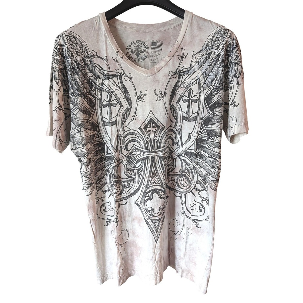 Affliction T-Shirt Mens 2XL White V-Neck Graphic Cross Wings Made in USA
